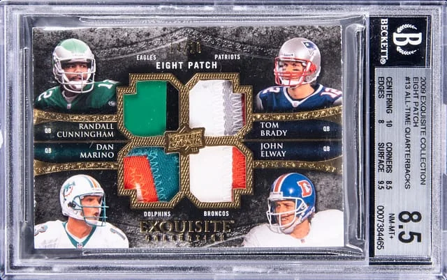 2009 Exquisite Collection Randall Cunningham, Tom Brady, Dan Marino, John Elway, Eli Manning, Peyton Manning, Aaron Rodgers, Donovan McNabb Eight Eight Patches #13 card image