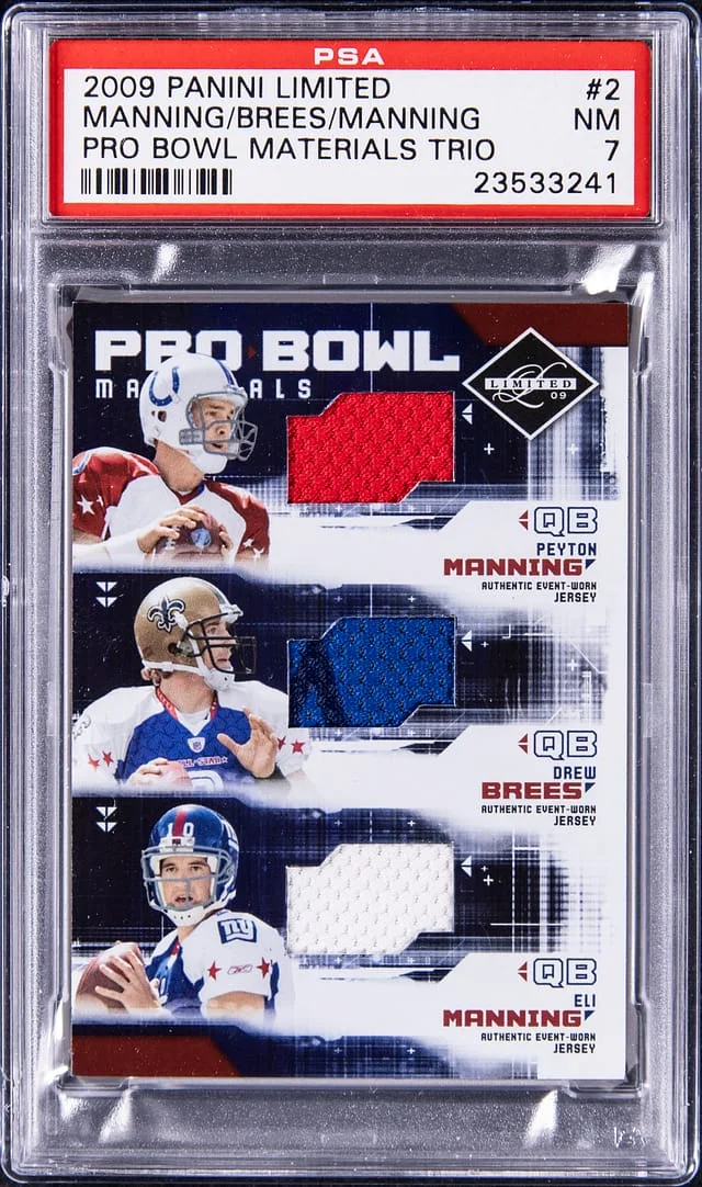 2009 Panini Peyton Manning/Drew Brees/Eli Manning Limited Pro Bowl Materials Trio #2 card image
