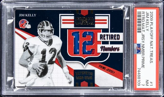 2009 Playoff Jim Kelly National Treasures Retired Material Jersey Number Prime #1 card image