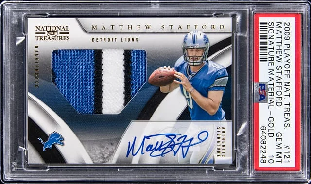 2009 Playoff Mathew Stafford National Treasures Signature Material Gold #121 card image