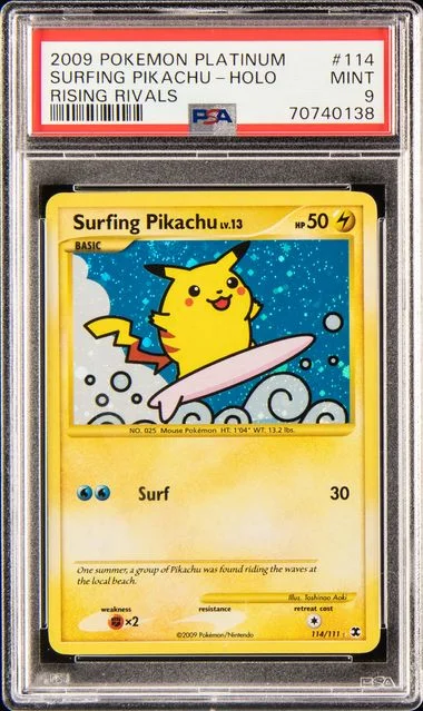 2009 Pokemon Platinum Rising Rivals Secret Rare Holofoil Surfing Pikachu #114 card image