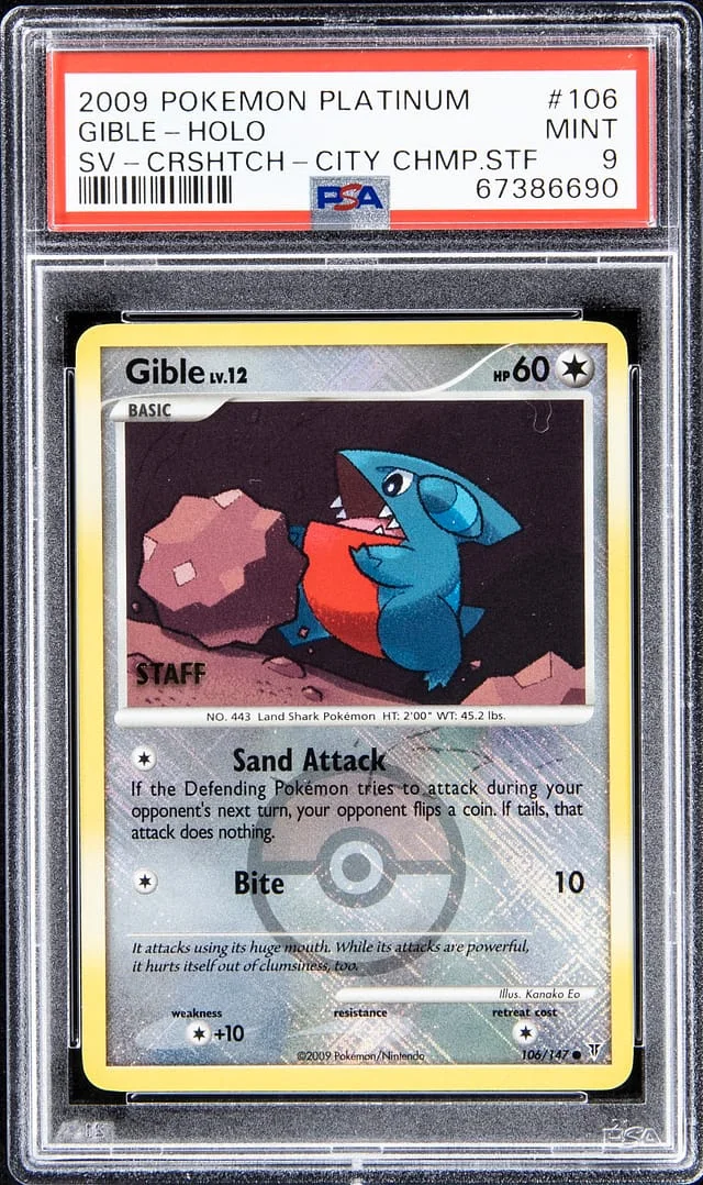 2009 Pokemon Platinum Supreme Victors City Championship Staff Cross-Stitch Holofoil Gible #106 card image