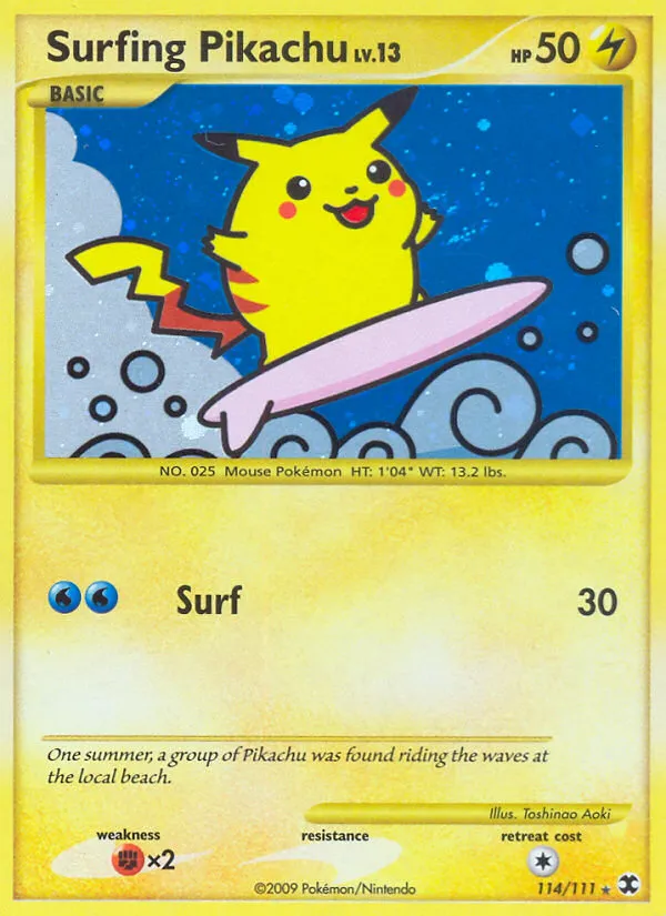 2009 Rising Rivals Surfing Pikachu Rare Secret #114/111 Rare Secret card image