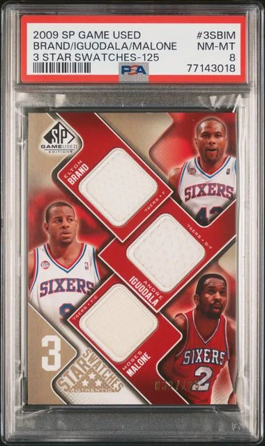 2009 SP Game Used 3Sbim Andre Iguodala/Elton Brand/Moses Malone 3 Star Swatches #125 card image