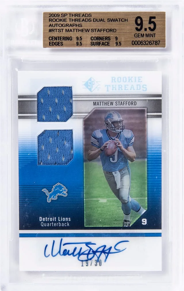 2009 SP Threads Threads Dual Swatch Autographs Matthew Stafford #RTST card image