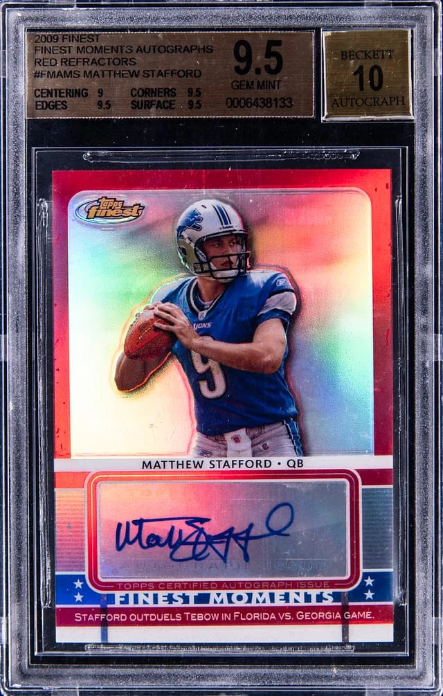 2009 Topps Finest Matthew Stafford Moments Autographs Red Refractor #FMA-MS card image