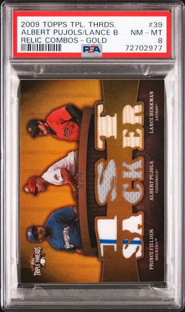 2009 Topps Triple Threads Albert Pujols/Lance Berkman/Prince Fielder Game-Used Relic Combos Gold #TTRC-39 card image
