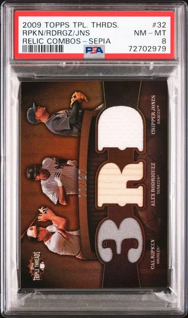 2009 Topps Triple Threads Alex Rodriguez/Cal Ripken/Chipper Jones Game-Used Relic Combos Sepia #32 card image