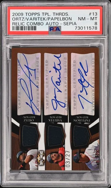 2009 Topps Triple Threads David Ortiz/Jason Varitek/Jonathan Papelbon Multi-Signed Game-Used Relic Combo Autographs Sepia #13 card image
