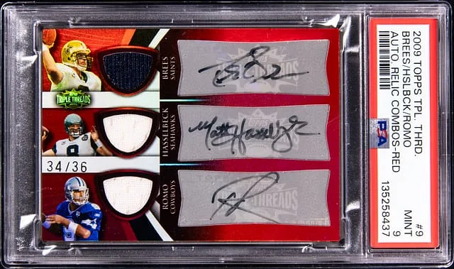 2009 Topps Triple Threads Drew Brees/Matt Hasselback/Tony Romo Multi-Signed Relic Autograph Relic Combos Red #TTRCA-9 card image