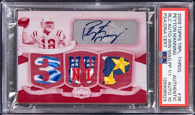 2009 Topps Triple Threads Peyton Manning Relic Autographs White Whale Magenta Printing Plate #36 card image