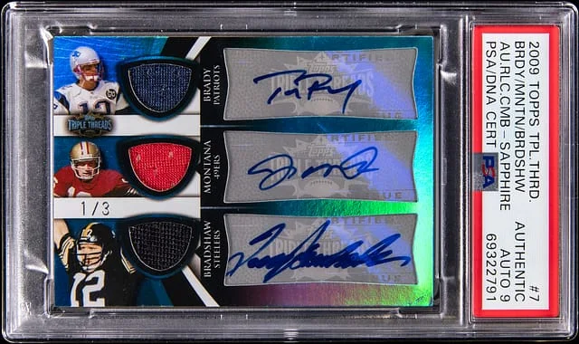 2009 Topps Triple Threads Tom Brady/Joe Montana/Terry Bradshaw Multi-Signed Autograph Relic Combos Sapphire #7 card image