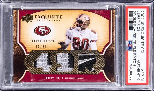 2009 Upper Deck Exquisite Collection Jerry Rice Game-Used Triple Patch #3P-RI card image