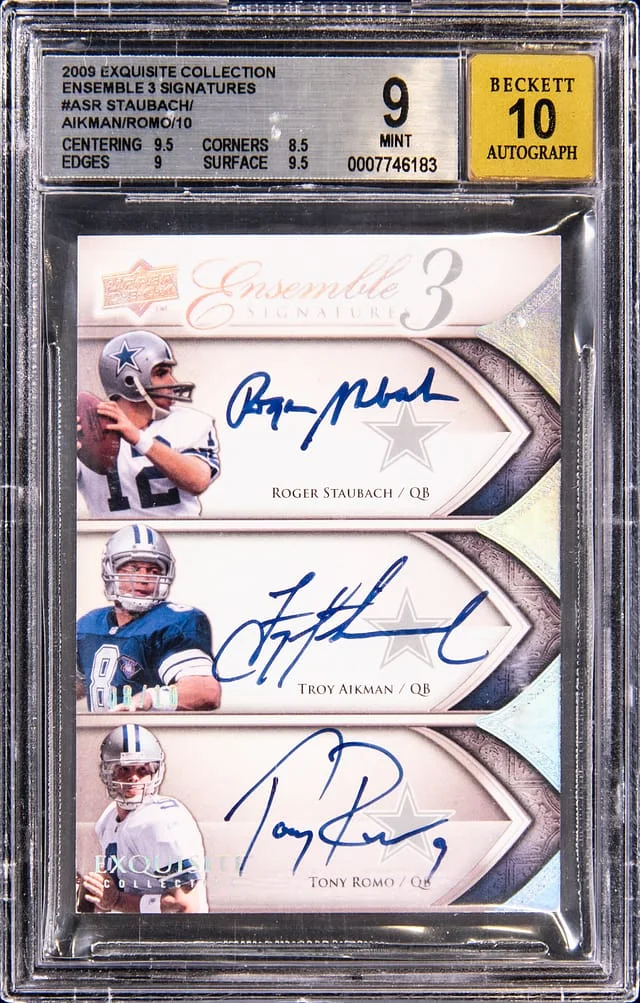 2009 Upper Deck Exquisite Collection Roger Staubach/Troy Aikman/Tony Romo Multi-Signed Ensemble 3 Signatures #3S-ASR card image