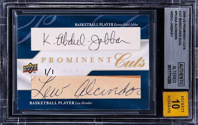2009 Upper Deck Kareem Abdul-Jabbar/Lew Alcindor Twice-Signed Prominent Cuts Cut Signatures Dual #PC2-AA card image