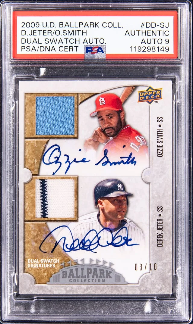 2009 Upper Deck Ozzie Smith/Derek Jeter Dual Ballpark Collection Dual Swatch Autograph #DD-SJ card image