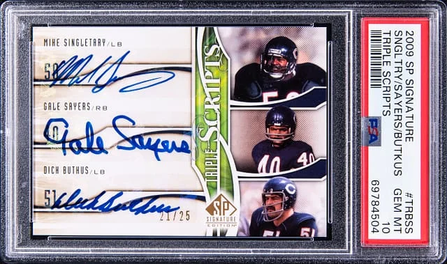 2009 Upper Deck SP Mike Singletary/Gale Sayers/Dick Butkus Multi-Signed Signature Triple Scripts #TR-BSS card image