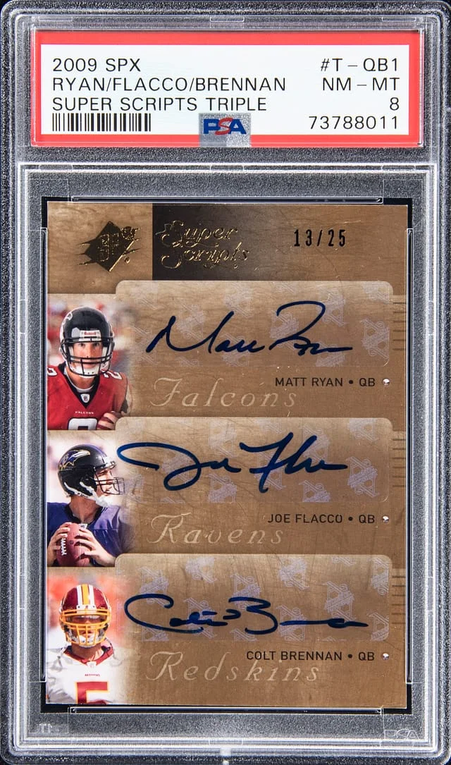2009 Upper Deck SPx Matt Ryan/Joe Flacco/Colt Brennan Multi-Signed Super Scripts Triple #T-QB1 card image