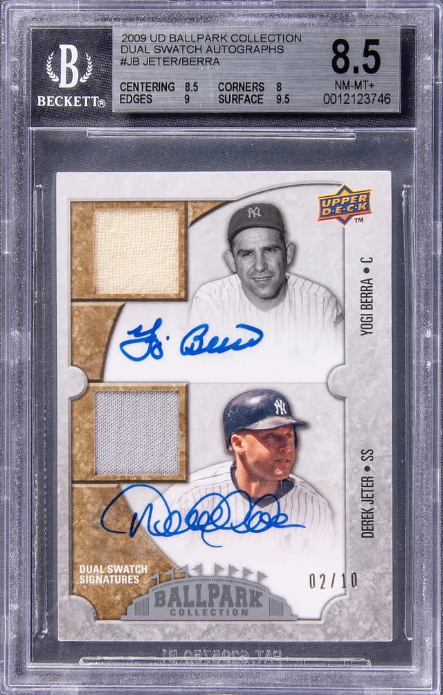 2009 Upper Deck Yogi Berra/Derek Jeter Ballpark Collection Dual Swatch Autographs #DD-JB card image