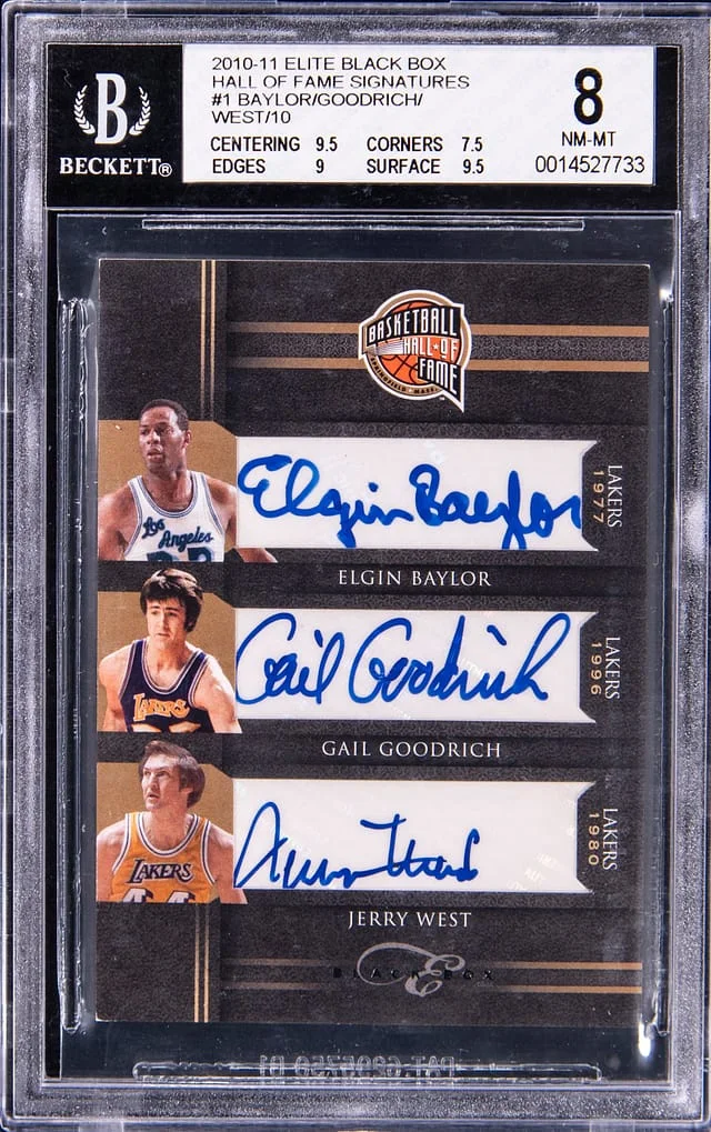 2010-11 Panini Elite Elgin Baylor/Gail Goodrich/Jerry West Black Box Hall Of Fame Signatures #1 card image