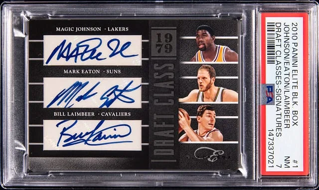 2010-11 Panini Elite Magic Johnson/Mark Eaton/Bill Laimbeer Multi-Signed Black Box Draft Classes Signatures #1 card image
