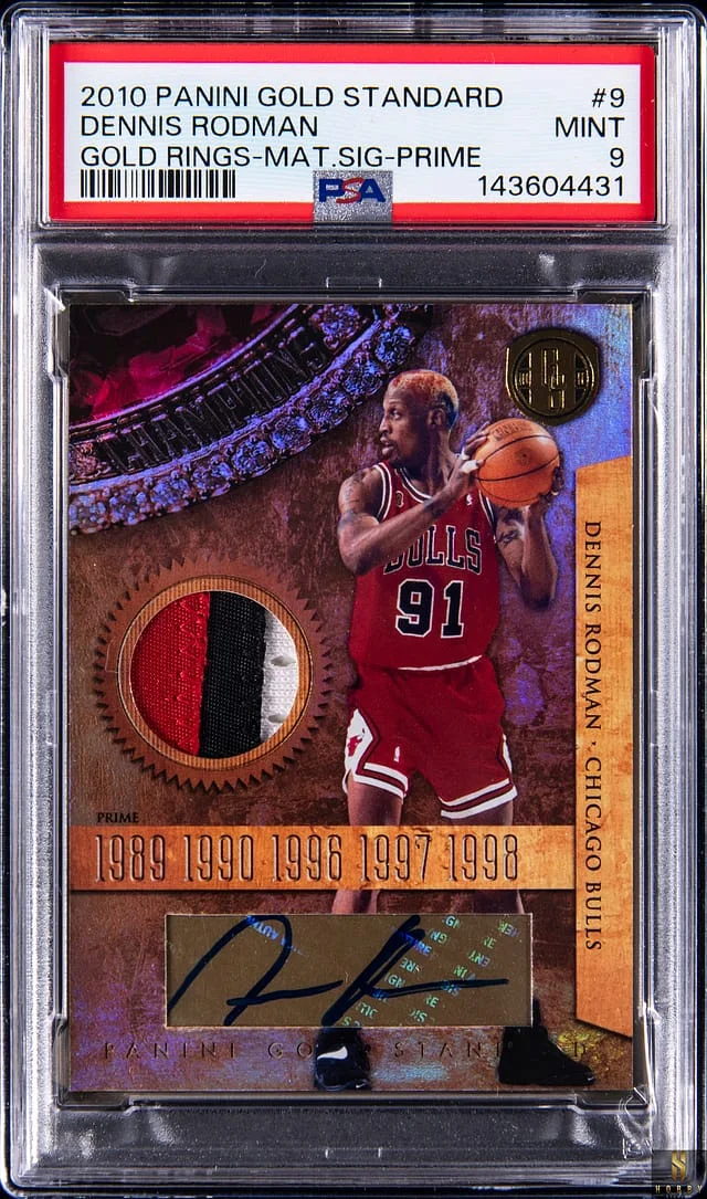 2010-11 Panini Gold Standard Dennis Rodman Gold Rings Material Signatures Prime #9 card image