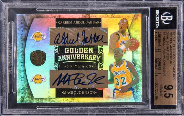 2010-11 Panini Gold Standard Kareem Abdul-Jabbar/Magic Johnson Golden Anniversary Dual Signatures #1 card image