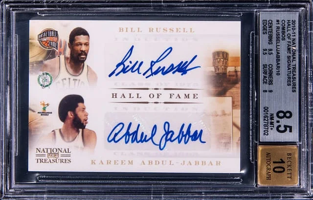 2010-11 Panini National Treasures Bill Russell/Kareem Abdul-Jabbar Hall of Fame Signatures Combos #1 card image