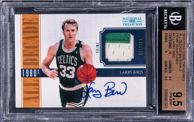 2010-11 Panini National Treasures Larry Bird All Decade Materials Prime Signatures #10 card image