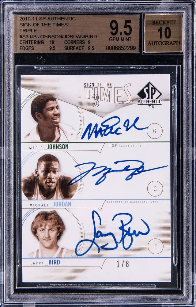 2010-11 Upper Deck SP Authentic Magic Johnson/Michael Jordan/Larry Bird Multi-Signed Sign Of The Times Triple #S3-JJB card image