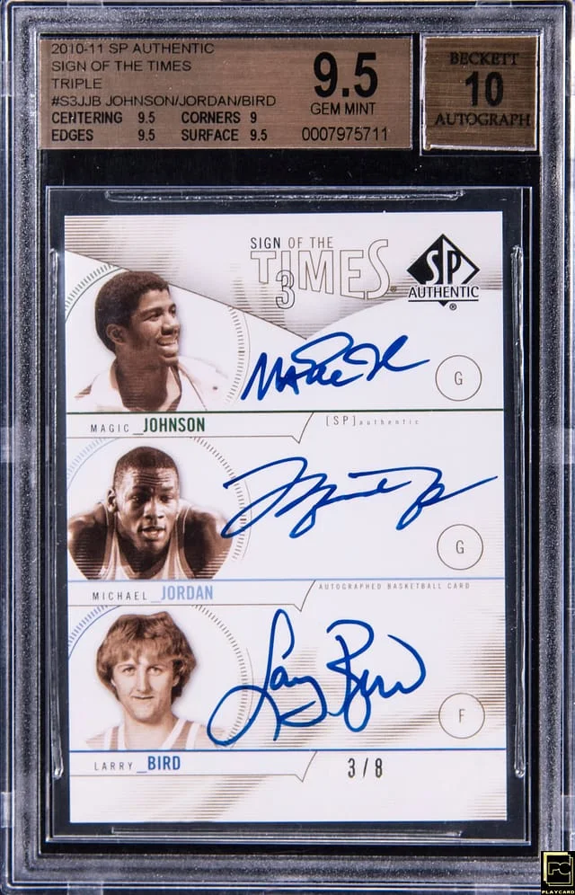 2010-11 Upper Deck SP Authentic Magic Johnson/Michael Jordan/Larry Bird Multi-Signed Sign of the Times Triple #S3JJB card image