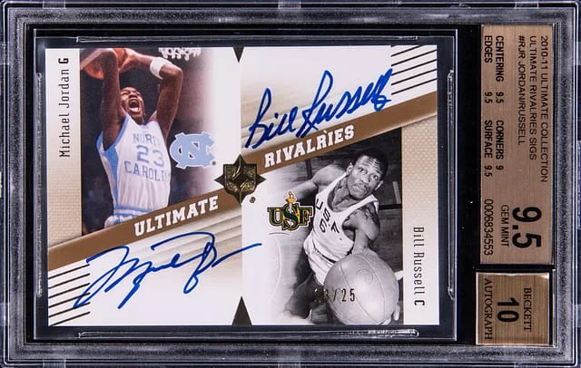 2010-11 Upper Deck Ultimate Collection Michael Jordan/Bill Russell Ultimate Rivalries Signatures #R-JR card image