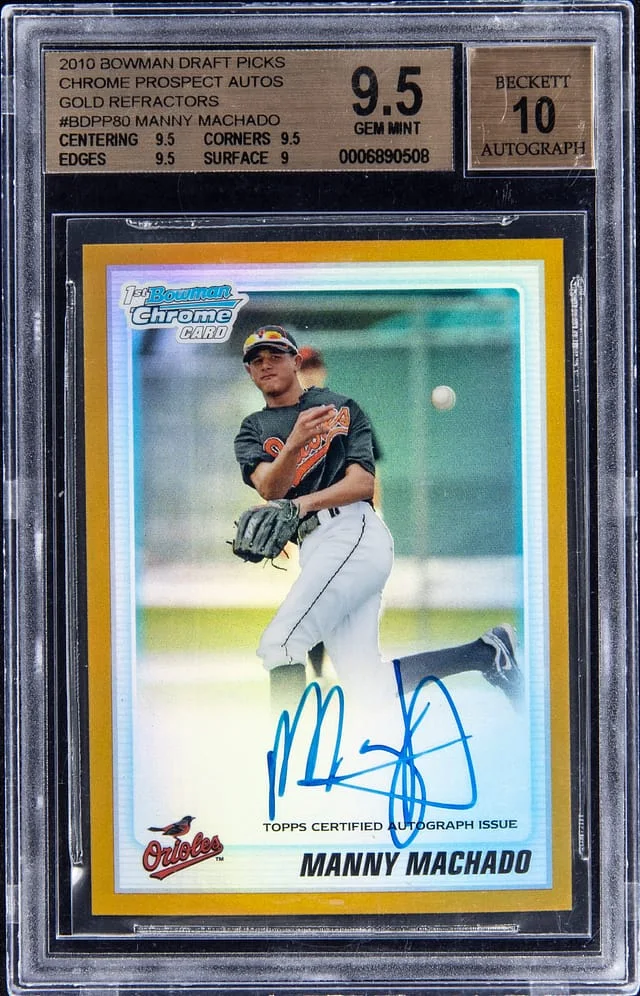 2010 Bowman Draft Picks Manny Machado Chrome Prospect Autographs Gold Refractors #BDPP80 card image