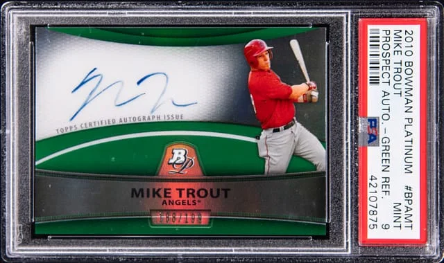 2010 Bowman Platinum Mike Trout Prospect Autograph Green Refractor #BPAMT card image