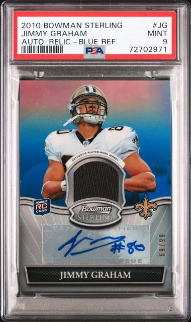 2010 Bowman Sterling Autograph Relic Blue Refractor Jg Jimmy Graham #no-number card image