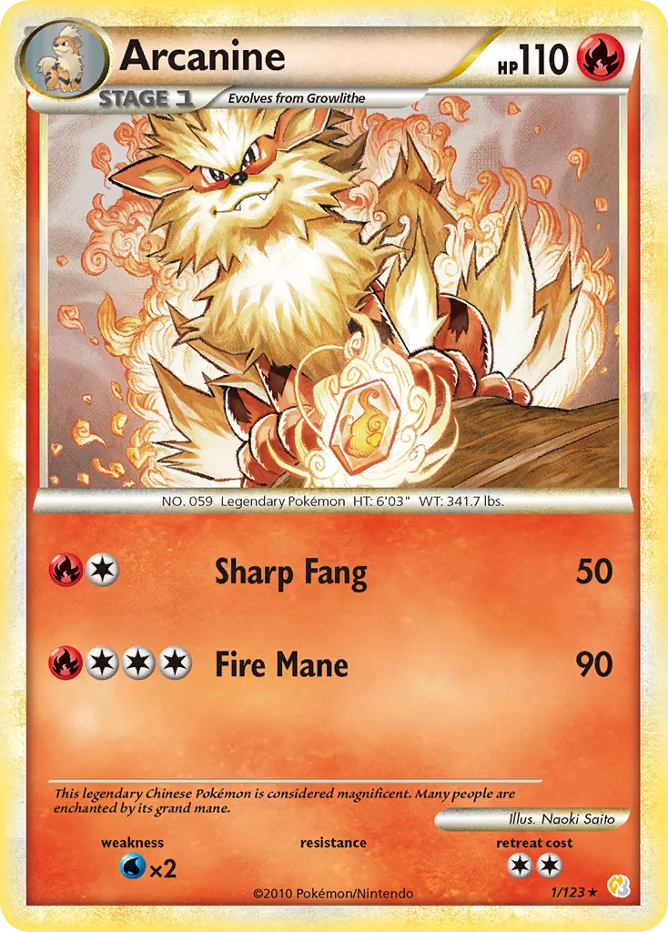 2010 HeartGold & SoulSilver Arcanine Rare Holo #001/123 Rare Holo card image