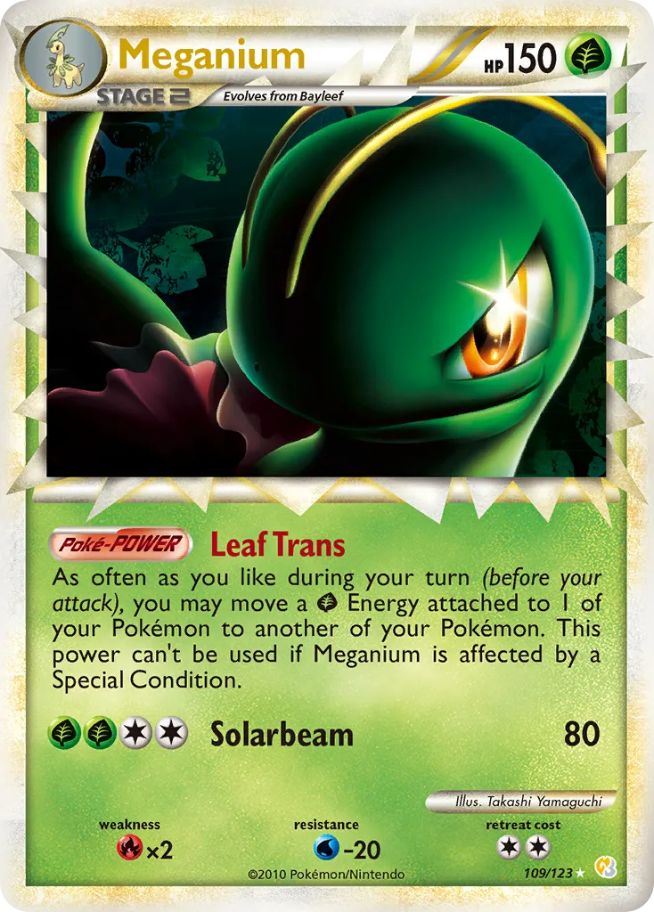 2010 HeartGold & SoulSilver Meganium #109/123 Rare Prime card image
