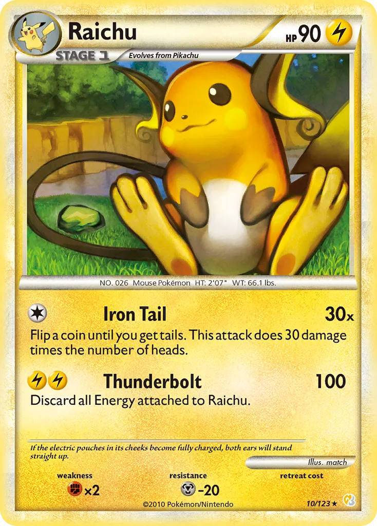2010 HeartGold & SoulSilver Raichu Rare Holo #010/123 Rare Holo card image