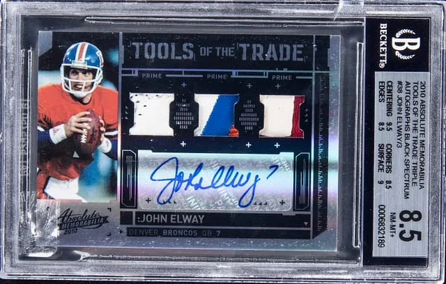 2010 Panini Absolute John Elway Memorabilia Tools of The Trade Triple Autograph Black Spectrum #38 card image