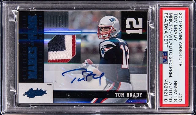 2010 Panini Absolute Tom Brady Memorabilia Marks of Fame Material Autograph Spectrum Prime #20 card image