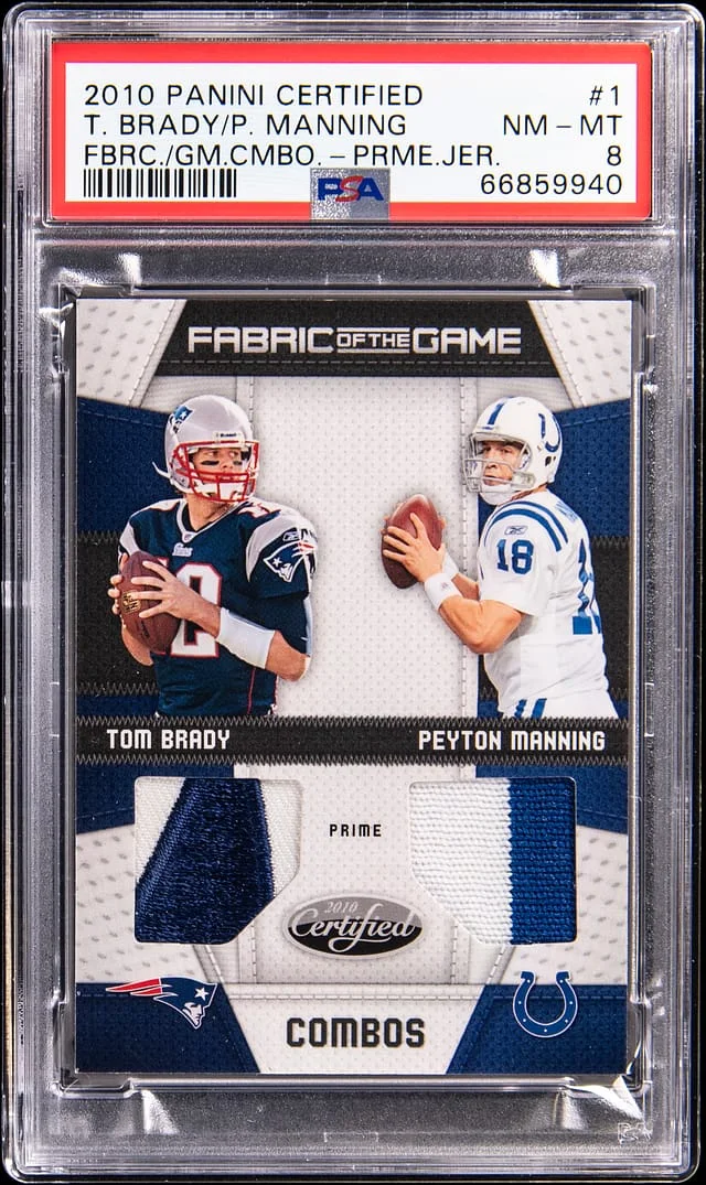 2010 Panini Certified Tom Brady/Peyton Manning Fabric Of The Game Combo Prime Jersey #1 card image