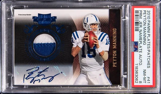 2010 Panini Peyton Manning Plates & Patches Prime Jersey Nameplate Autograph #41 card image