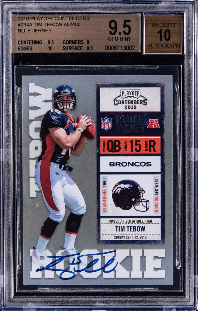 2010 Panini Playoff Tim Tebow, Blue Contenders Ticket Autograph #234A card image