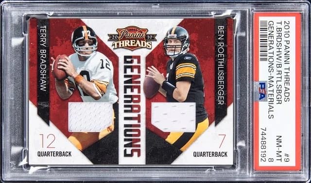 2010 Panini Terry Bradshaw, Ben Roethlisberger Dual Threads Generations-Materials #9 card image