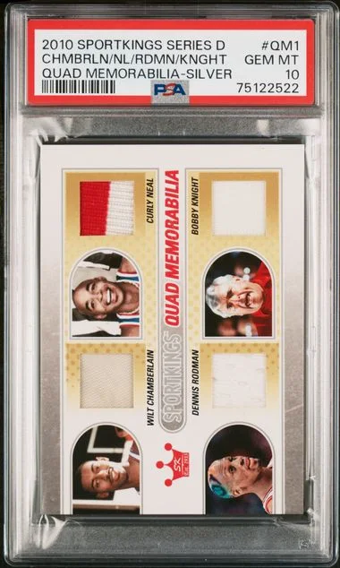 2010 Sportkings Series D Quad Memorabilia Silver Bobby Knight/Curly Neal/Dennis Rodman/Wilt Chamberlain #QM-01 card image