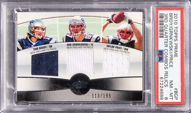 2010 Topps Tom Brady, Rob Gronkowski, Taylor Price Triple Prime 3rd Quarter Combos Relics #3QR-BGP card image