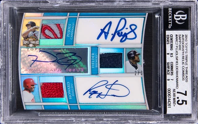 2010 Topps Triple Threads Albert Pujols/Prince Fielder/Ryan Howard Multi-Signed Autograph Relic Combos Sapphire #TTARC-2 card image