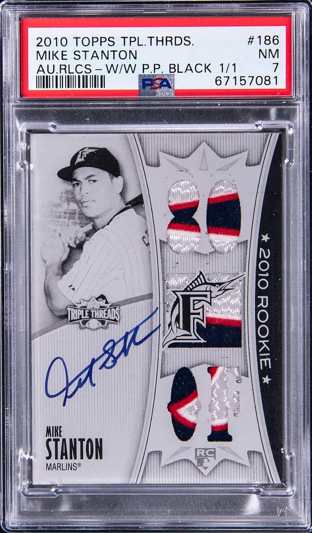 2010 Topps Triple Threads Giancarlo (Mike) Stanton Autograph Relics White Whale Black Printing Plate #188 card image