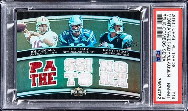 2010 Topps Triple Threads Joe Montana/Tom Brady/Jimmy Clausen Relic Combos Sepia #TTRC-14 card image