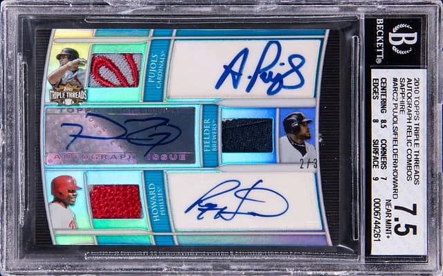 2010 Topps Triple Threads Pujols/Fielder/Howard Multi-Signed Autograph Relic Combos Sapphire #ARC2 card image
